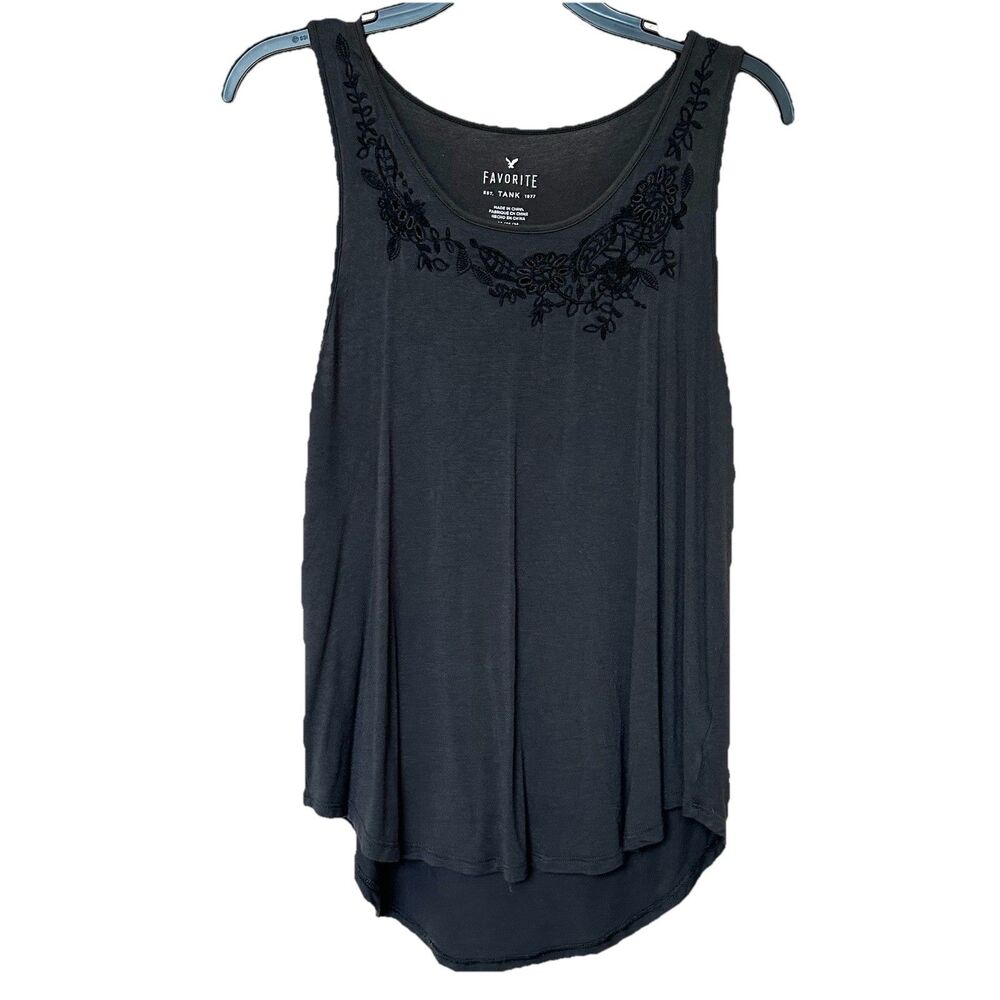 American Eagle Favorite Tank Top Women Med Floral Boho Charcoal Gray Whimsigoth